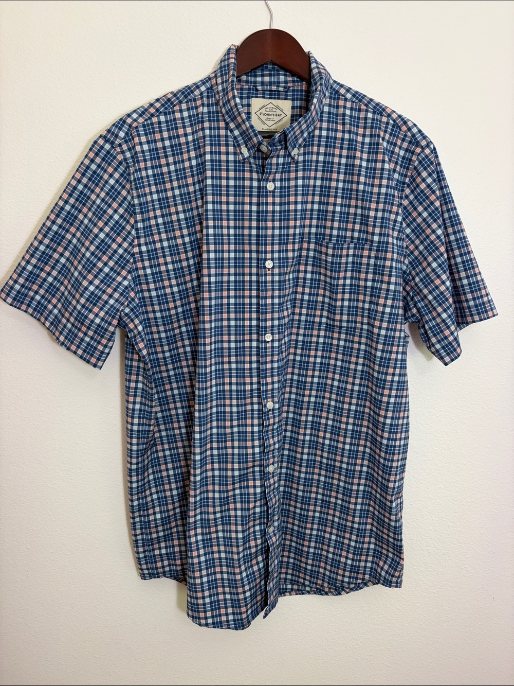 St. John’s Bay Blue Pink White Plaid Short Sleeve Button Down Shirt